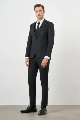 Modazone Erkak Qora Poliviskon Trend Jiletli Chiziqli Naqshli Slim Fit Uchli Yoqali Kostyum - 2