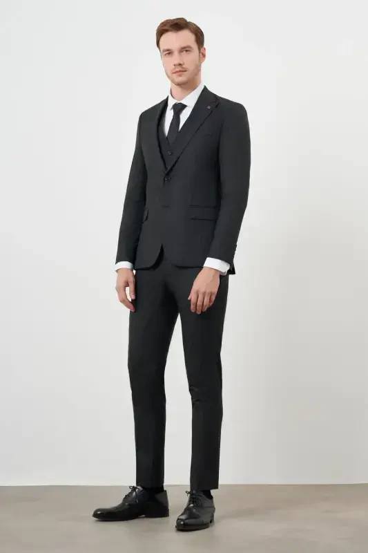 Modazone Erkak Qora Poliviskon Trend Jiletli Chiziqli Naqshli Slim Fit Uchli Yoqali Kostyum - 2