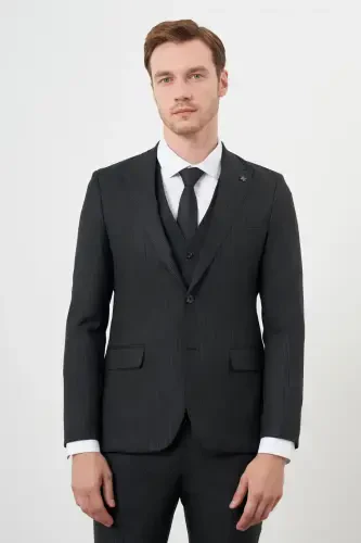 Modazone Erkak Qora Poliviskon Trend Jiletli Chiziqli Naqshli Slim Fit Uchli Yoqali Kostyum - 3