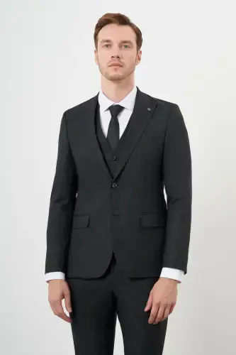 Modazone Erkak Qora Poliviskon Trend Jiletli Chiziqli Naqshli Slim Fit Uchli Yoqali Kostyum - 4