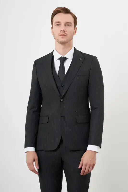 Modazone Erkak Qora Poliviskon Trend Jiletli Chiziqli Naqshli Slim Fit Uchli Yoqali Kostyum - 4