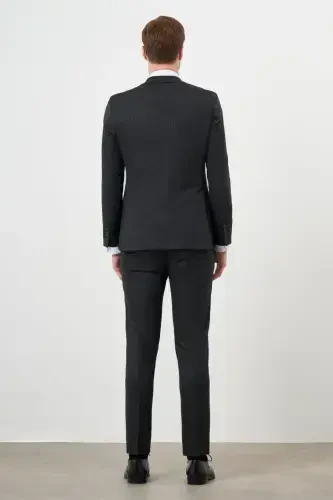 Modazone Erkak Qora Poliviskon Trend Jiletli Chiziqli Naqshli Slim Fit Uchli Yoqali Kostyum - 5