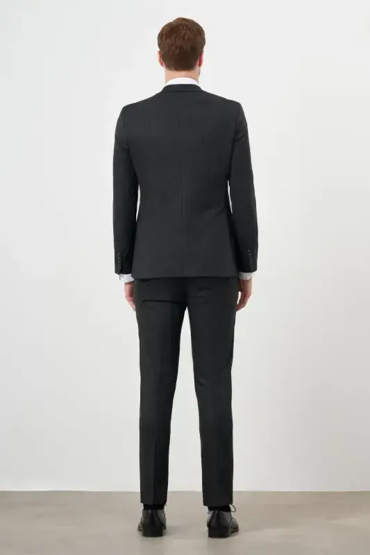 Modazone Erkak Qora Poliviskon Trend Jiletli Chiziqli Naqshli Slim Fit Uchli Yoqali Kostyum - 5