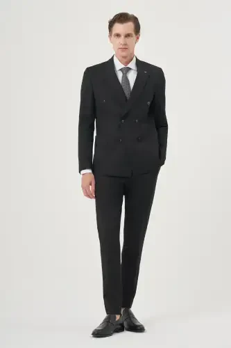 Modazone Erkak Qora Poliviskon Trend To‘g‘ri Slim Fit Uchli Yoqali Palto Kostyum - 4