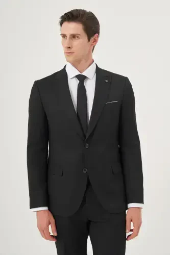 Modazone Erkak Qora Poliviskoz Asosiy Jakarli Slim Fit Uchli Yoqali Kostyum - 1