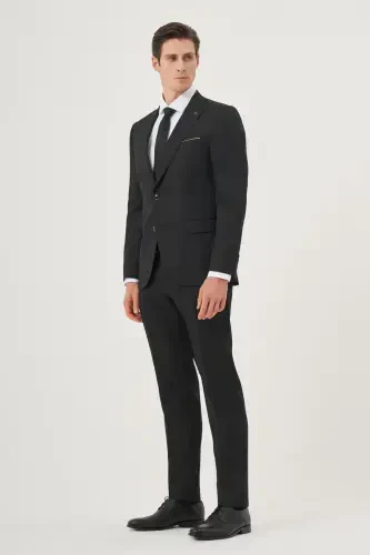 Modazone Erkak Qora Poliviskoz Asosiy Jakarli Slim Fit Uchli Yoqali Kostyum - 3