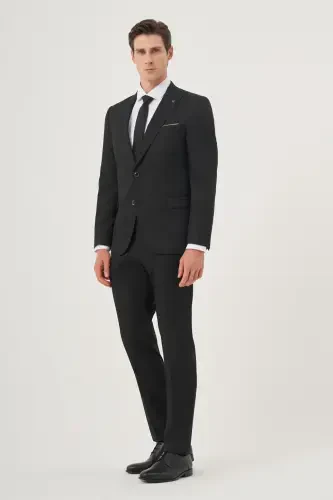 Modazone Erkak Qora Poliviskoz Asosiy Jakarli Slim Fit Uchli Yoqali Kostyum - 5