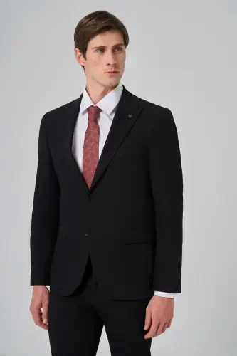 Modazone Erkak Qora Poliviskoz Basic Slim Fit Uchi O'tkir Yoqali Kostyum - 1