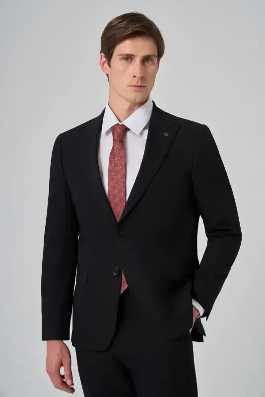 Modazone Erkak Qora Poliviskoz Basic Slim Fit Uchi O'tkir Yoqali Kostyum - 2