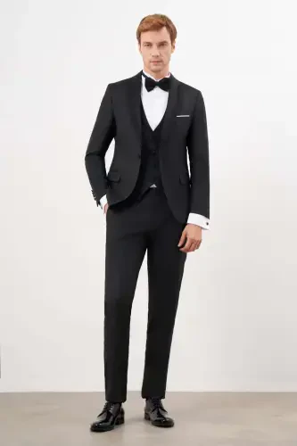 Modazone Erkak Qora Poliviskoz Ceromonia Jakar Naqshli Slim Fit Roʻmol Chiqma Yoqali Kuyovlik Kostyumi - 3