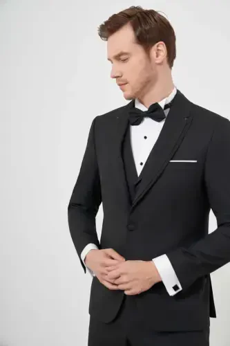 Modazone Erkak Qora Poliviskoz Ceromonia Jakar Naqshli Slim Fit Şol Chiqma Yoqali Kuyovlik - 4