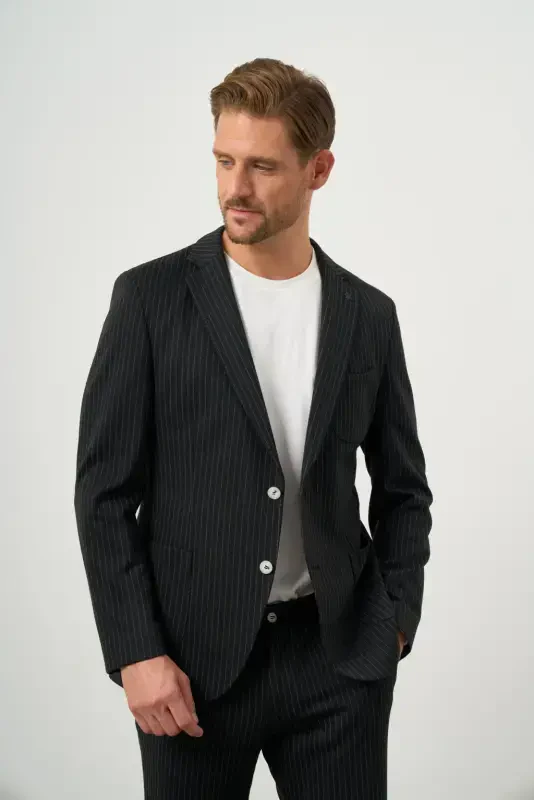 Modazone Erkak Qora Poliviskoz Trend Chiziqli naqshli Slim Fit Mono Yoqali Kostyum - 3