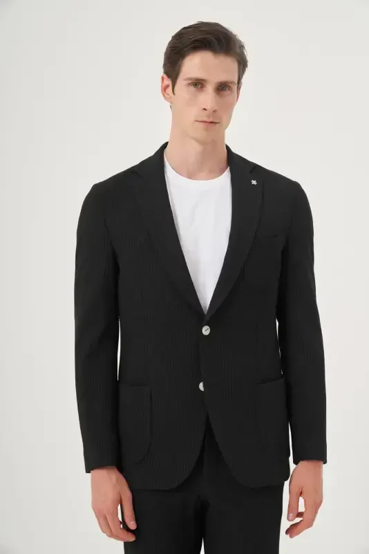 Modazone Erkak Qora Poliviskoz Trend Chiziqli Slim Fit Mono Yoqali Kostyum - MORVEN