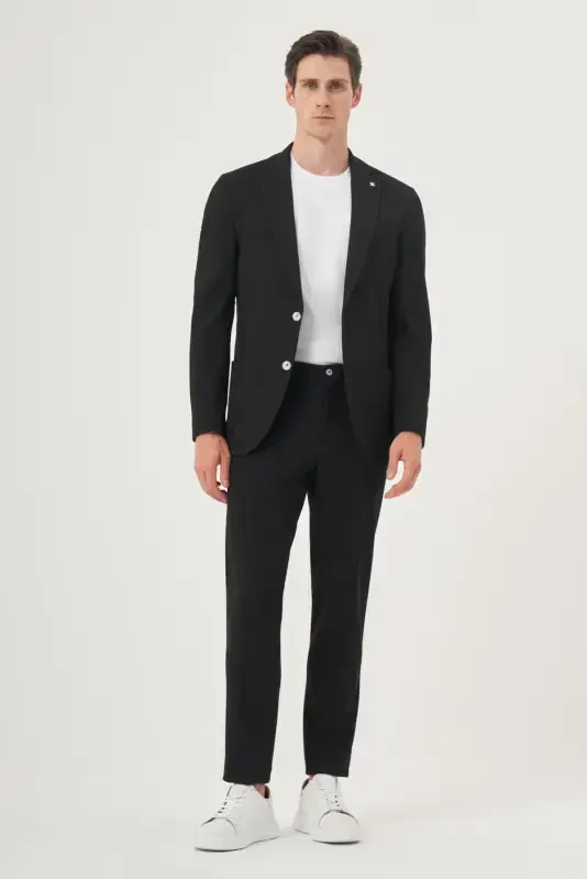 Modazone Erkak Qora Poliviskoz Trend Chiziqli Slim Fit Mono Yoqali Kostyum - 2