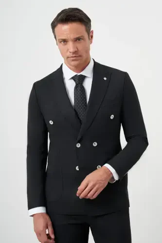 Modazone Erkak Qora Poliviskoz Trend Kreyser Slim Fit Uchli Yoqali Kostyum - 6