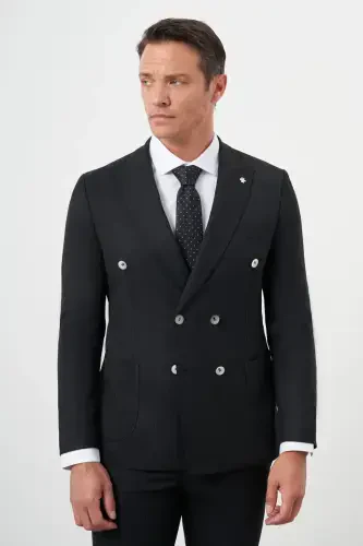 Modazone Erkak Qora Poliviskoz Trend Kreyser Slim Fit Uchli Yoqali Kostyum - 7