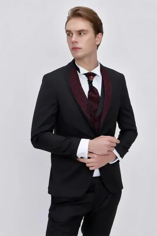 Modazone Erkak Qora Santos Chiqma Yoqa Slim Fit Kuyovlik Libosi - MORVEN