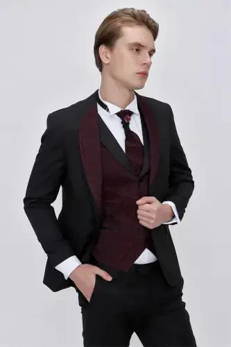 Modazone Erkak Qora Santos Chiqma Yoqa Slim Fit Kuyovlik Libosi - 5