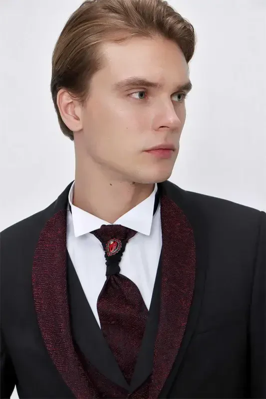 Modazone Erkak Qora Santos Chiqma Yoqa Slim Fit Kuyovlik Libosi - 6