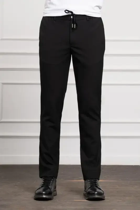 Modazone Erkak Qora Slim Fit Tor Kiyimli Ipli Jogger Shim - 1