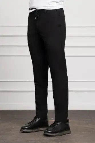 Modazone Erkak Qora Slim Fit Tor Kiyimli Ipli Jogger Shim - 2