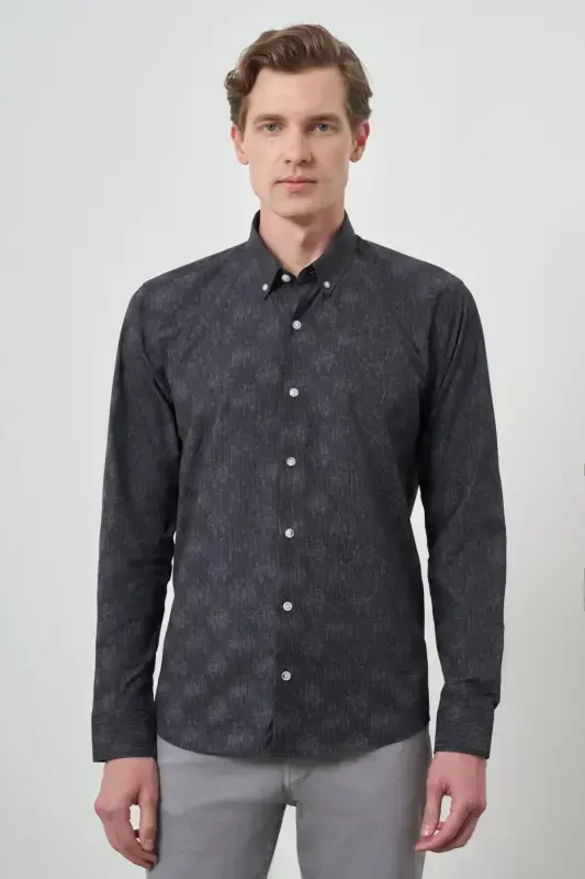 Modazone Erkak Qora Slim Fit Tugmali Yoqali Ko'ylak - 1