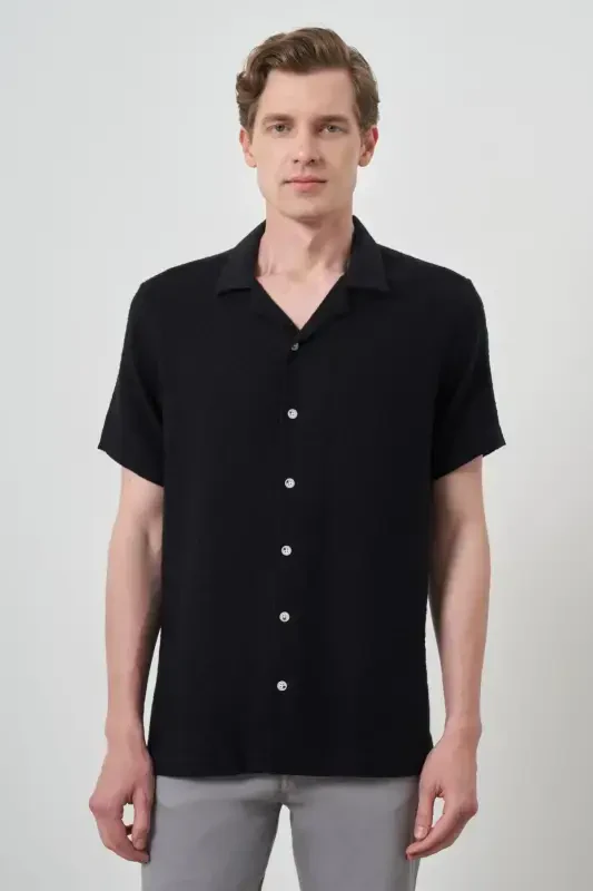 Modazone Erkak Qora Trend Keten Regular Fit Apaş Yoqali Qisqa Yengli Ko'ylak - 1