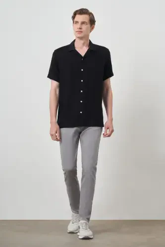 Modazone Erkak Qora Trend Keten Regular Fit Apaş Yoqali Qisqa Yengli Ko'ylak - 2