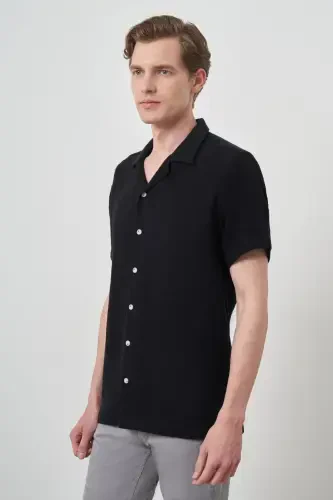 Modazone Erkak Qora Trend Keten Regular Fit Apaş Yoqali Qisqa Yengli Ko'ylak - 4