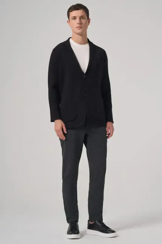 Modazone Erkak Qora Trend Klassik Yoqali Old Tugmali Kardigan - 4