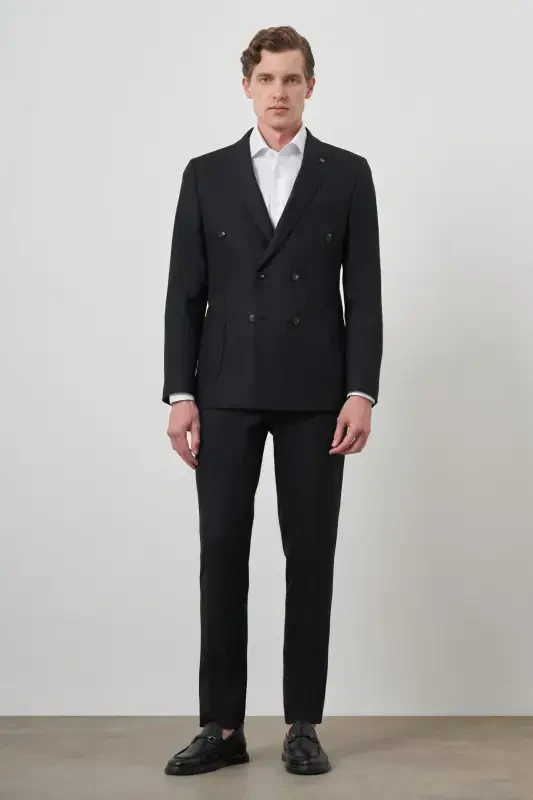 Modazone Erkak Qora Trend Kruvaze Slim Fit Kostyum - 3