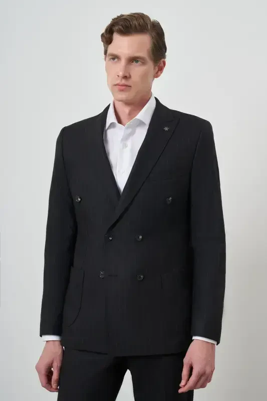 Modazone Erkak Qora Trend Kruvaze Slim Fit Kostyum - 4