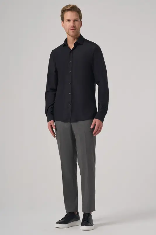 Modazone Erkak Qora Trend Tekis Slim Fit To'liq Italyan Yoqali Ko'ylak - 3