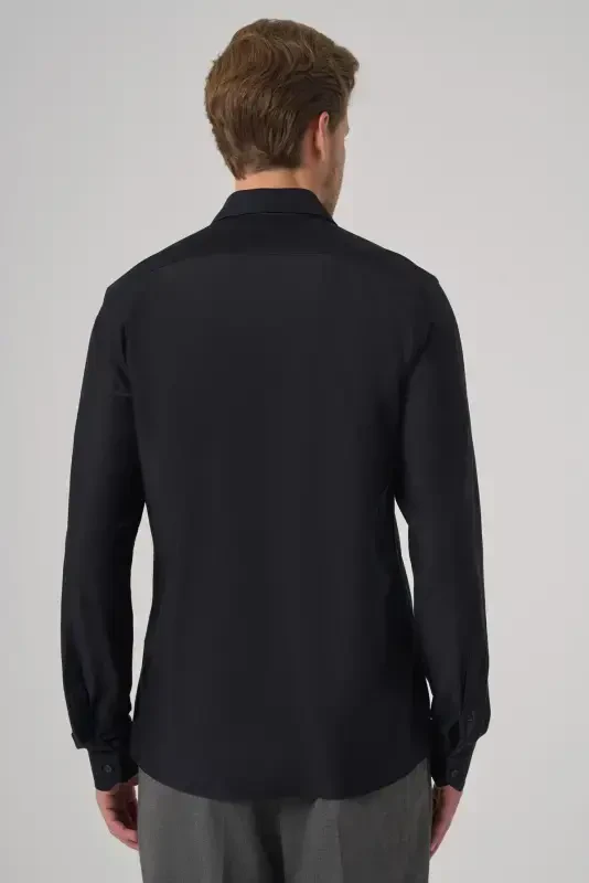 Modazone Erkak Qora Trend Tekis Slim Fit To'liq Italyan Yoqali Ko'ylak - 5