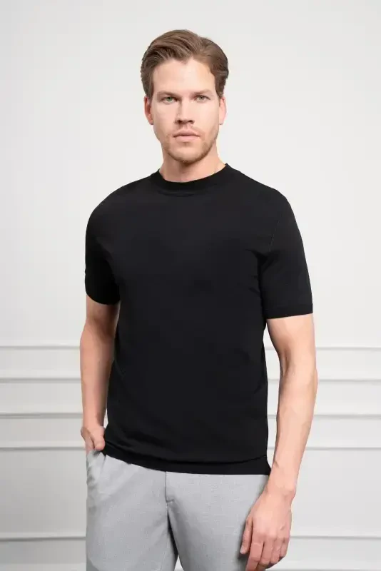 Modazone Erkak Qora Trend Velosiped Yoqali Dinamik Fit Qulay Kesimli Rayon Futbolka - MORVEN