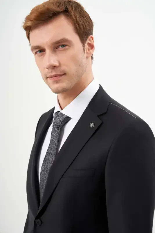 Modazone Erkak Qora Yünlü Platinyum Tek Rangli Slim Fit Mono Yoqali Kostyum - 2