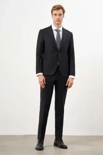 Modazone Erkak Qora Yünlü Platinyum Tek Rangli Slim Fit Mono Yoqali Kostyum - 3