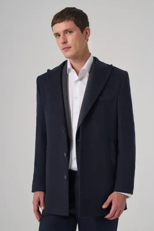 Modazone Erkak to'q ko'k junli tekis Dynamic Fit uchli yoqali пальто - 2