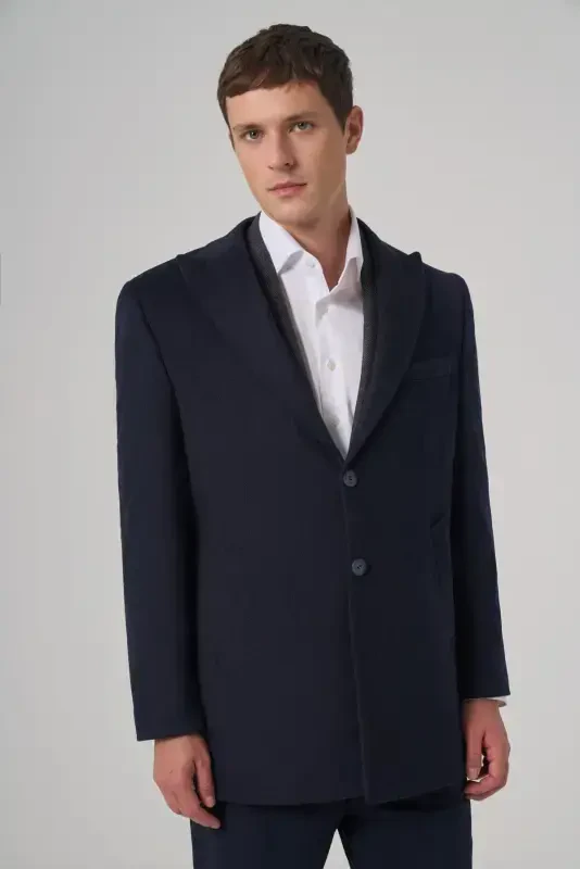 Modazone Erkak to'q ko'k junli tekis Dynamic Fit uchli yoqali пальто - 3