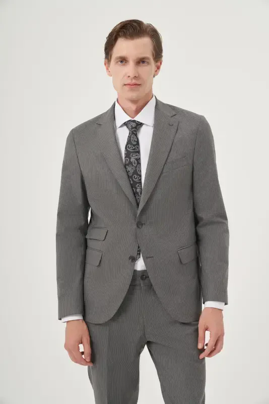 Modazone Erkak Tutun Poliviskon Trend Chiziqli Slim Fit Mono Yoqa Ikkita Qopqoqli cho'ntakli kostyum - MORVEN