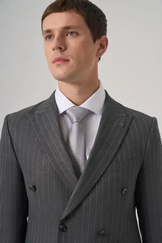 Modazone Erkak Tutun rangli Poliviskon Trend chiziqli Slim Fit Kruvaze Kostyum - 2