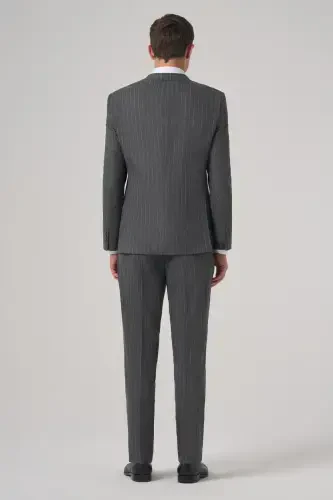 Modazone Erkak Tutun rangli Poliviskon Trend chiziqli Slim Fit Kruvaze Kostyum - 5