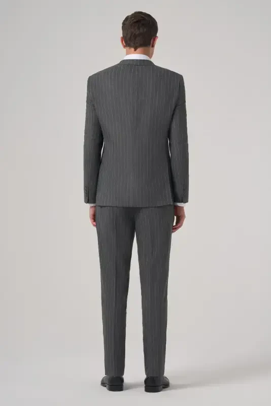 Modazone Erkak Tutun rangli Poliviskon Trend chiziqli Slim Fit Kruvaze Kostyum - 5