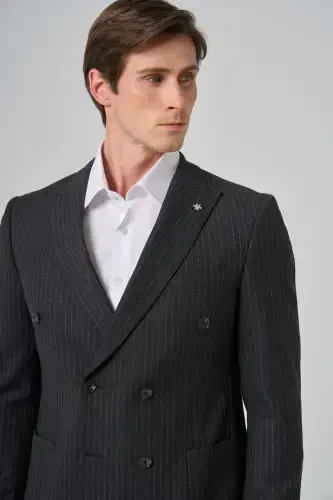 Modazone Erkak Tutun rangli poliviskon trend chiziqli slim fit uchli yoqali ikki qatorli kostyum - 3