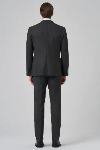 Modazone Erkak Tutun rangli poliviskon trend chiziqli slim fit uchli yoqali ikki qatorli kostyum - 4