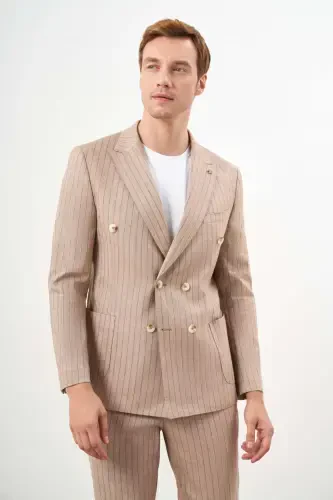 Modazone Erkak Vizon Zig'ir Trend Krossover Slim Fit Uchli Yoqa Kostyum - 2