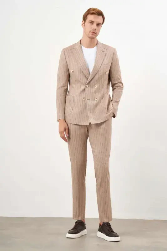 Modazone Erkak Vizon Zig'ir Trend Krossover Slim Fit Uchli Yoqa Kostyum - 4