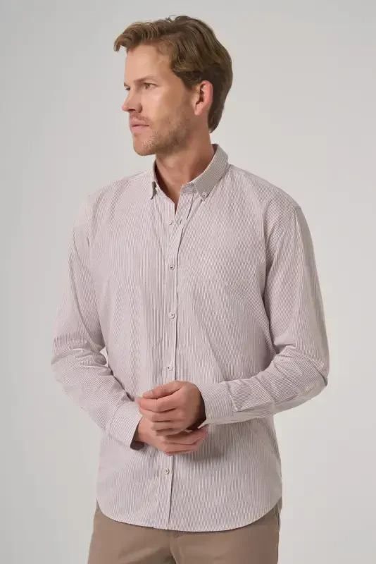 Modazone Erkaklar Bej Paxta Trend Chiziqli Dynamic Fit Tugmali Yoqali Ko'ylak - 4