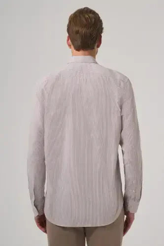 Modazone Erkaklar Bej Paxta Trend Chiziqli Dynamic Fit Tugmali Yoqali Ko'ylak - 5