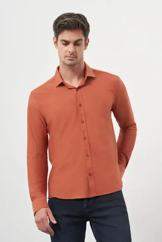 Modazone Erkaklar g'isht rangli trend Slim Fit İtalyan yoqali ko'ylak - 3